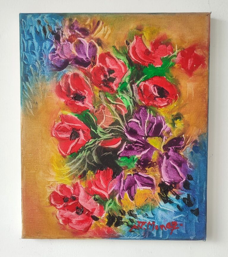 Buchet de flori la țărmul mării - pictură în ulei pe pânză, Monea Teofil