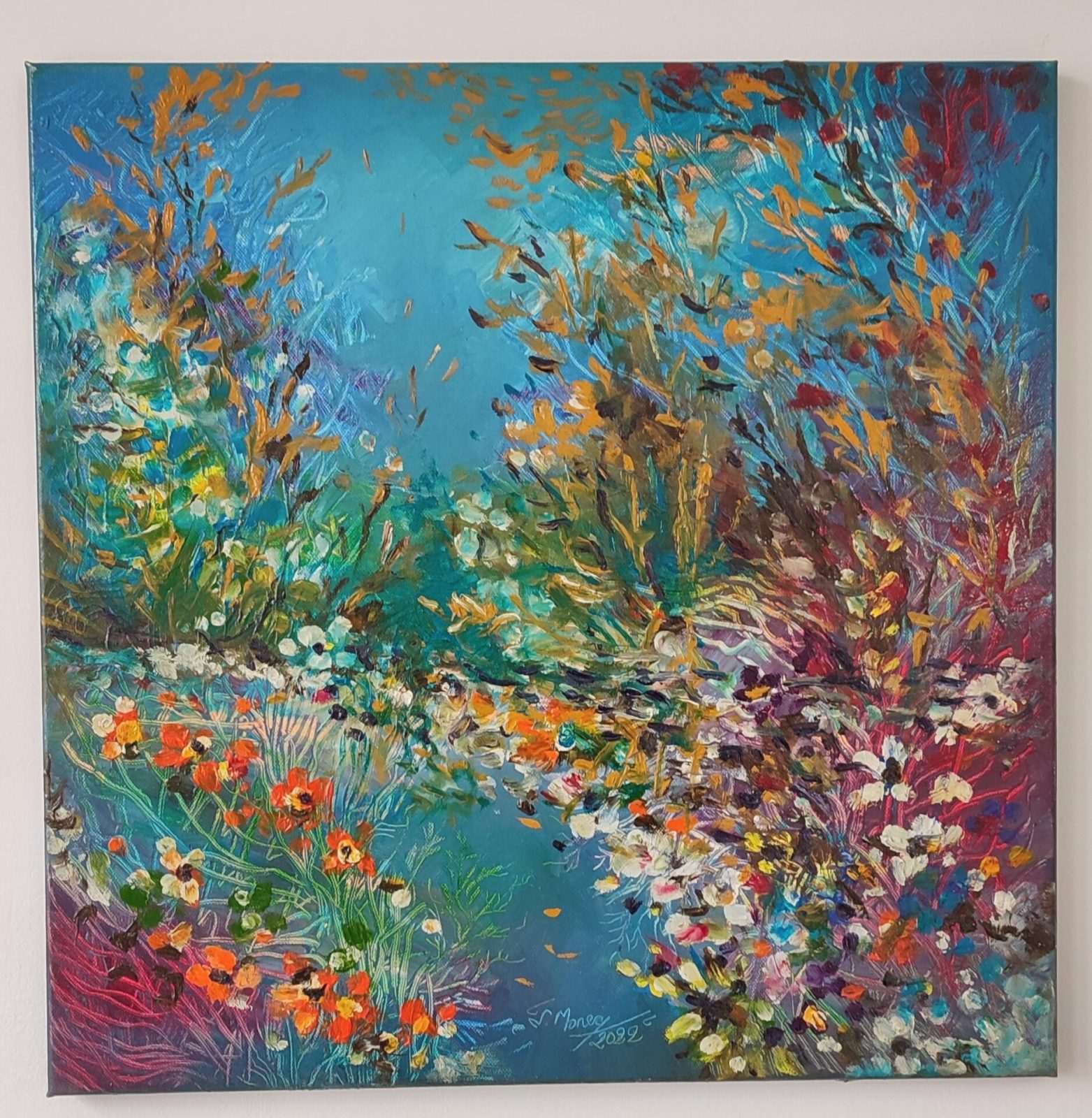 Ochi de apă în pădurea de flori – Pictură în ulei pe pânză Ochi de apă în pădurea de flori - pictură în ulei pe pânză, Monea Teofil