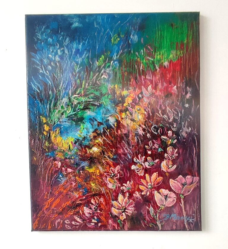 Reverie cu flori în noapte - pictură în ulei pe pânză, Monea Teofil