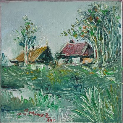 Căsuțe la lac - pictură în ulei pe pânză, Monea Teofil