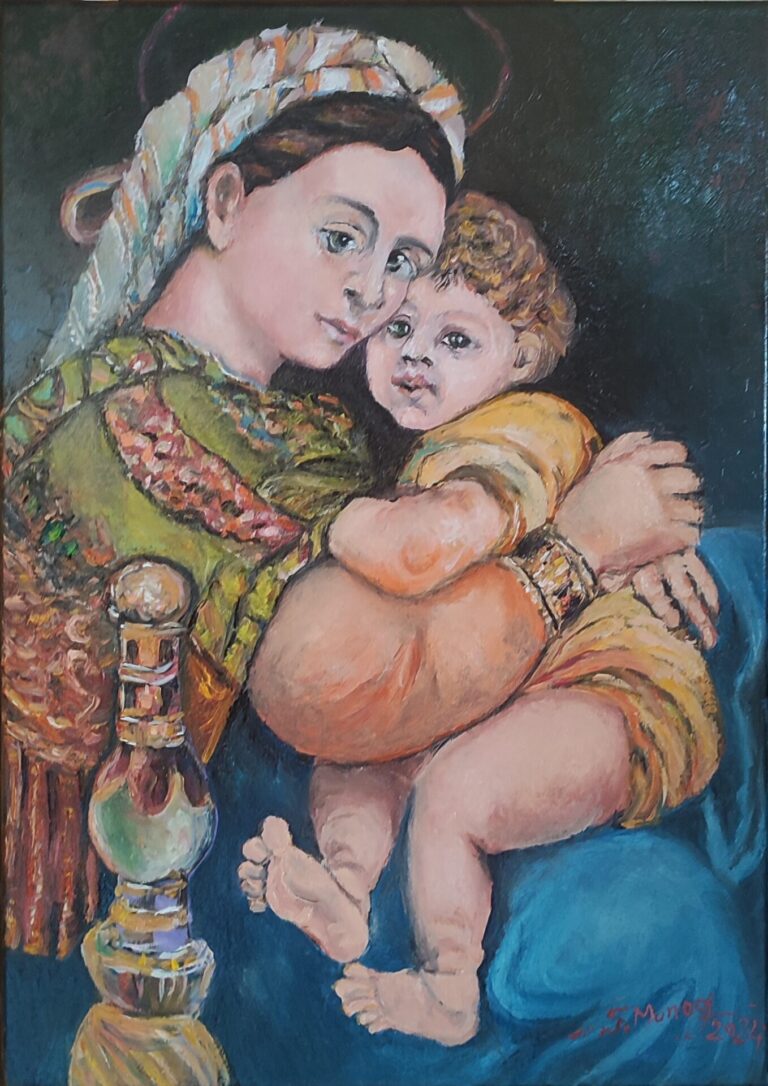 Madona și pruncul - Omagiu renascentist" - icoană pictată în ulei pe pânză - pictură în ulei pe pânză, Monea Teofil
