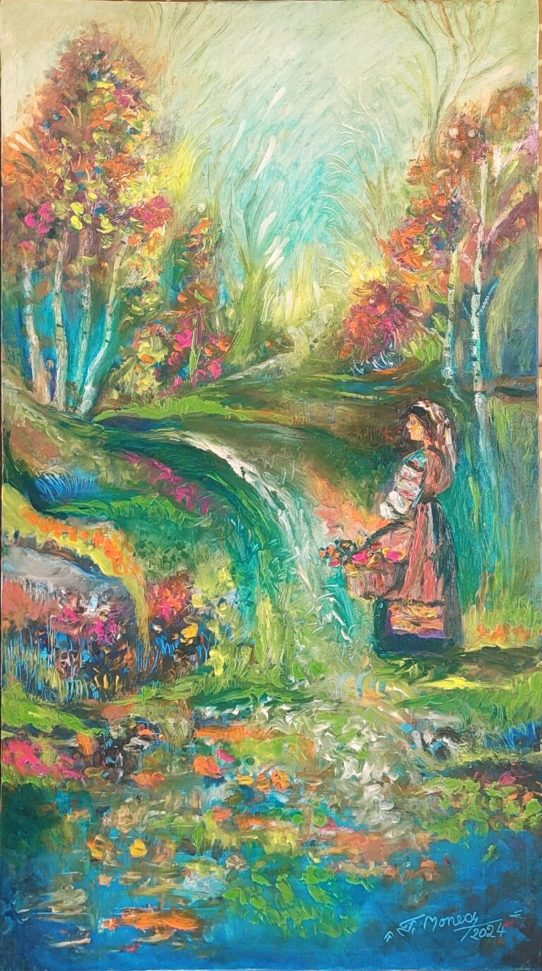 Suflete colorate pe malul apei" - pictură în ulei pe pânză, Monea Teofil