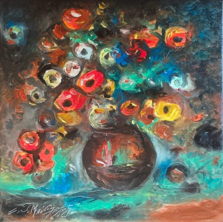 Pictura 4 Vaza rotundă cu flori rotunde" - pictură în ulei pe pânză, Monea Teofil