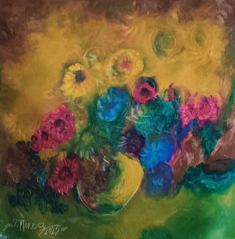 picturi noi 16 Buchet pe galben" - pictură în ulei pe pânză, Monea Teofil