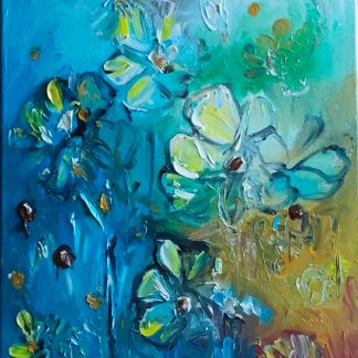"Grădina albastră în lumină caldă" - Pictură în ulei pe pânză