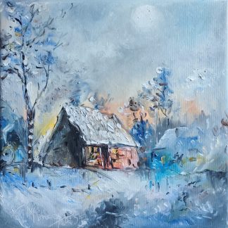 "Căsuță în noapte, iarna" - Pictură în ulei pe pânză