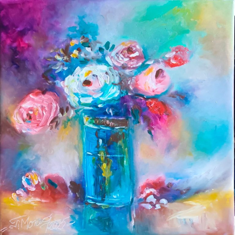 Buchet de flori în nuanțe delicate" - pictură în ulei pe pânză, Monea Teofil