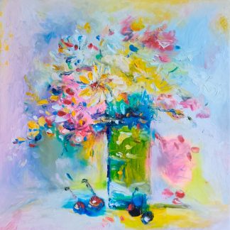 "Cireșe și flori" - Pictură în ulei pe pânză