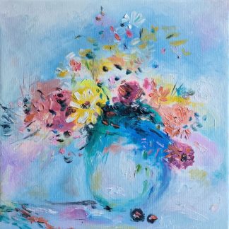 "Primăvara în vaza turcoaz" - Pictură în ulei pe pânză