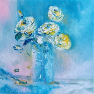 "Trandafiri în lumină albastră" - Pictură în ulei pe pânză