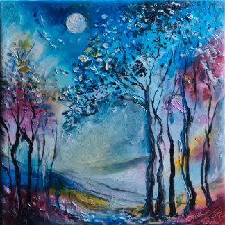 "Lumină de Lună printre copaci" - Pictură în ulei pe pânză