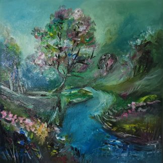 "Pârâu liniștit printre grădini" - Pictură în ulei pe pânză