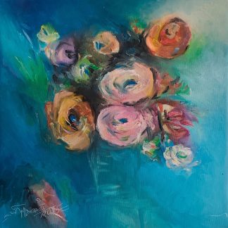 "Petale în azur" - Pictură în ulei pe pânză