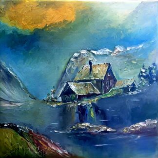 "Dimineață liniștită la munte" - Pictură în ulei pe pânză