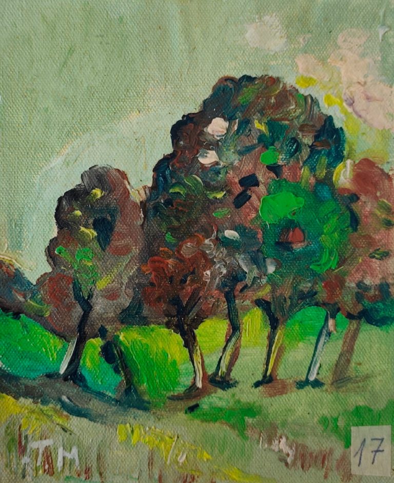 Călători din vis în verde - pictură în ulei pe pânză, Monea Teofil