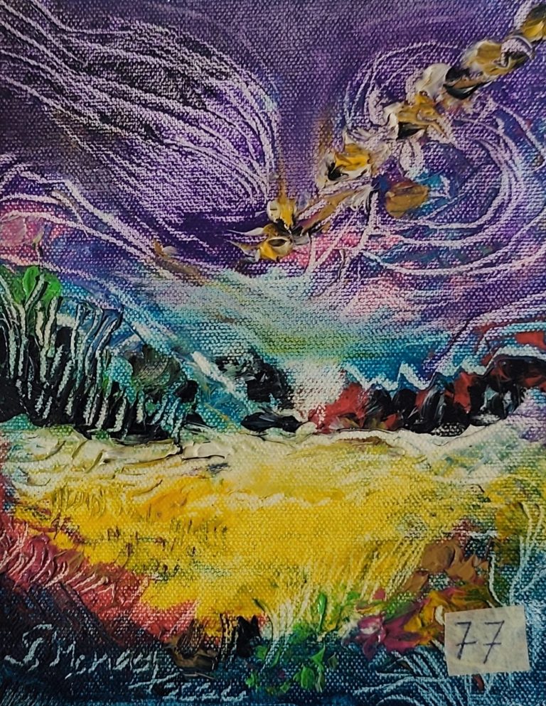 Călători în adânc de portocaliu - pictură în ulei pe pânză, Monea Teofil