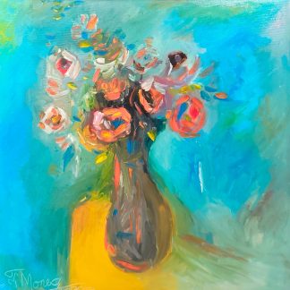 "Flori pe masă galbenă" - Pictură în ulei pe pânză