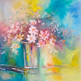 "Flori în nuanțe vesele" - Pictură în ulei pe pânză