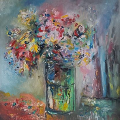 Buchet multicolor lângă fereastră - pictură în ulei pe pânză, Monea Teofil