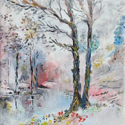 Arbori în iarna roz - pictură în ulei pe pânză, Monea Teofil