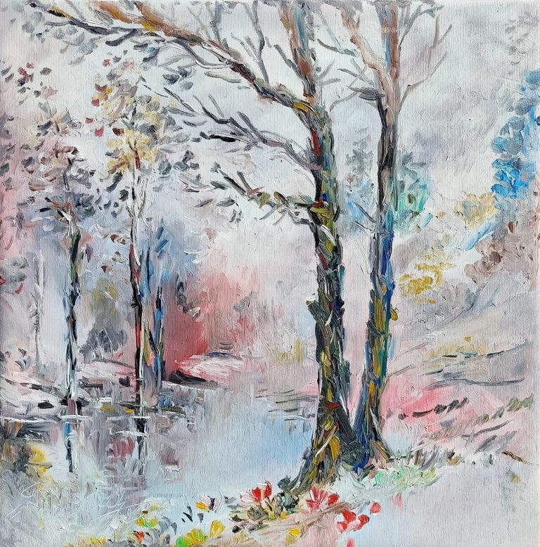 Arbori în iarna roz - pictură în ulei pe pânză, Monea Teofil
