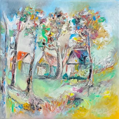 Drum cu siluete printre flori - pictură în ulei pe pânză, Monea Teofil