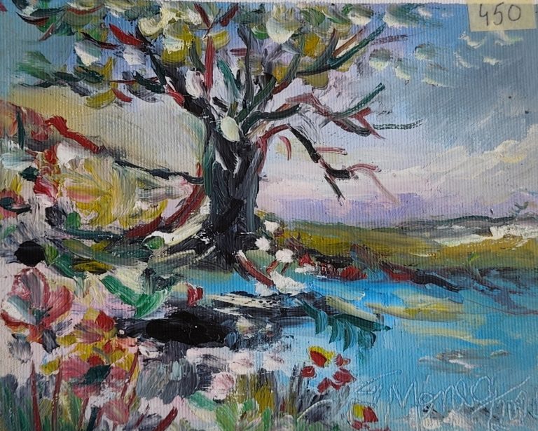 Pictura Monea Teofil 450 Semn la marginea zilei în turcoaz - pictură în ulei pe pânză, Monea Teofil
