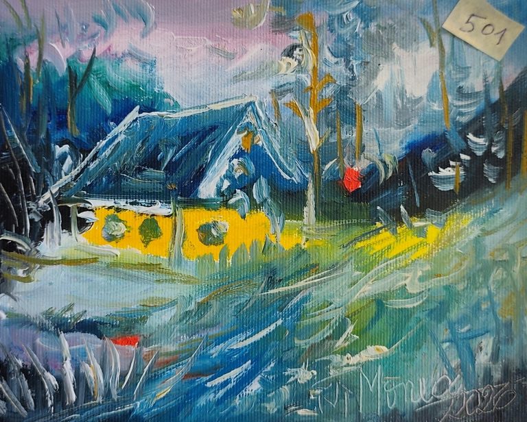 Pictura Monea Teofil 501 Reverie sub cer deschis în turcoaz - pictură în ulei pe pânză, Monea Teofil