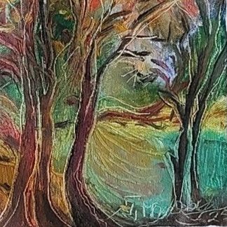 Doi copaci în toamnă verde – Pictură în ulei pe pânză