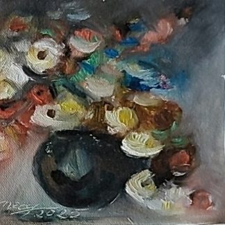 Buchet în vas negru cu flori calde – Pictură în ulei pe pânză