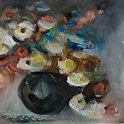 Buchet în vas negru cu flori calde – Pictură în ulei pe pânză