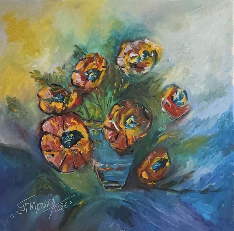 Buchet arămiu în lumină albastră – Pictură în ulei pe pânză Buchet arămiu în lumină albastră - pictură în ulei pe pânză de Monea Teofil