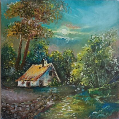 Casa din lumina serii - Pictură în ulei pe pânză
