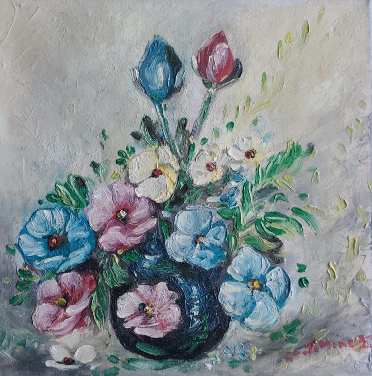 Flori de dimineață în vază - Pictură în ulei pe pânză Flori de dimineață în vază - Pictură în ulei pe pânză