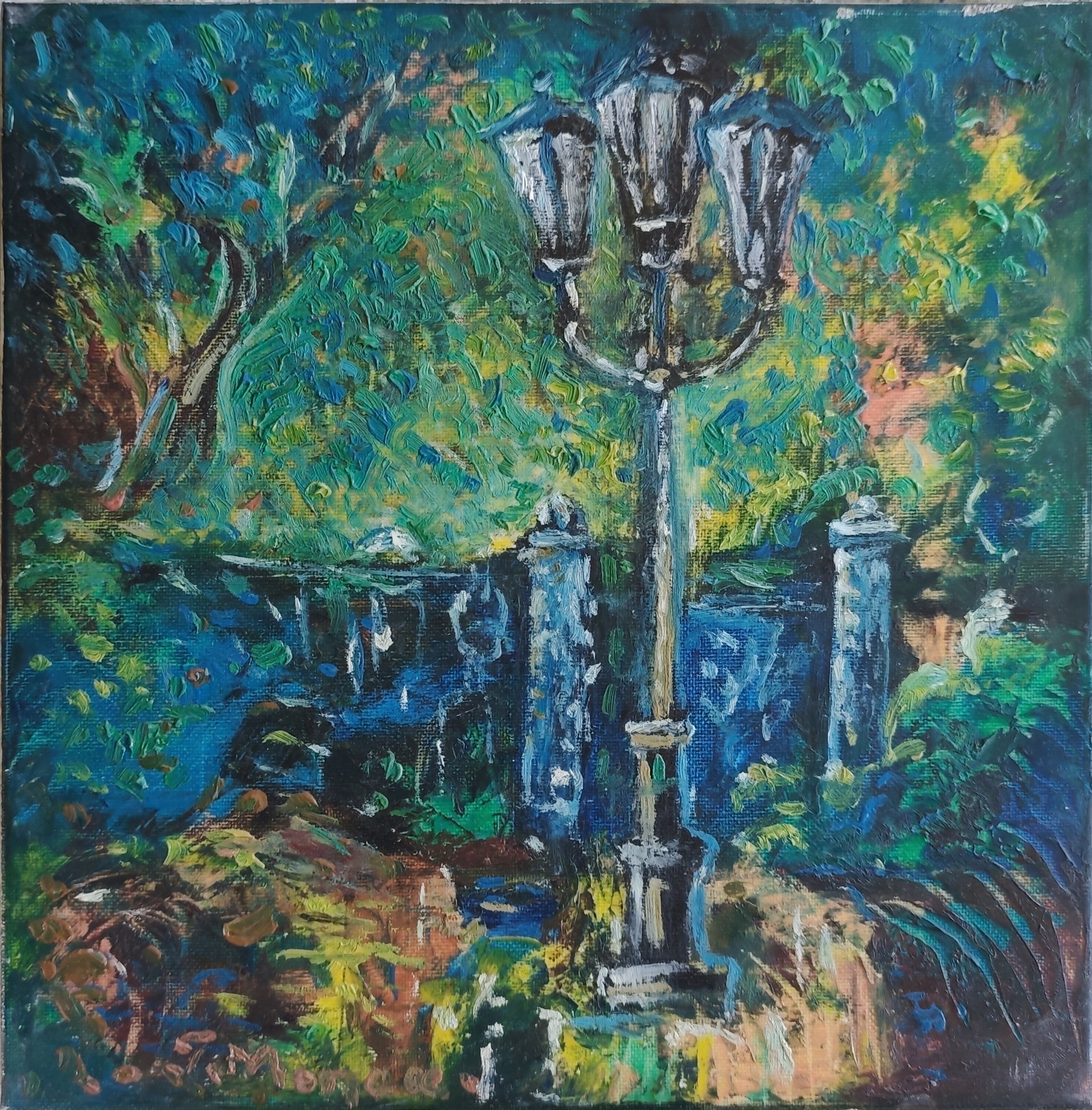 Lumină de seară în parc - Pictură în ulei pe pânză Lumină de seară în parc - Pictură în ulei pe pânză