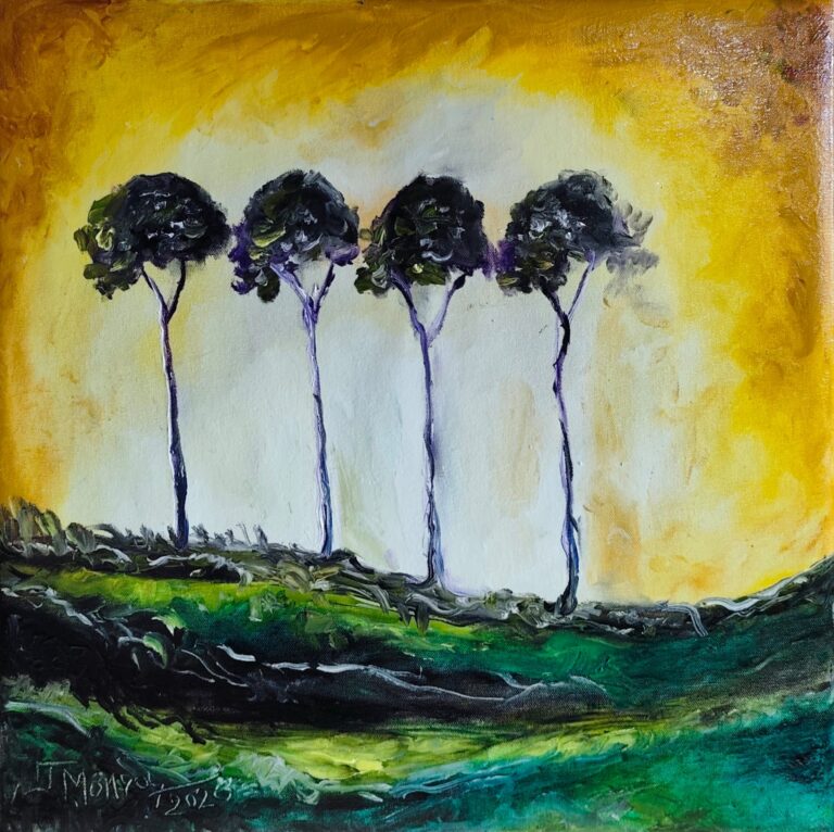 Patru arbori în lumină caldă - Pictură în ulei pe pânză Patru arbori în lumină caldă - Pictură în ulei pe pânză