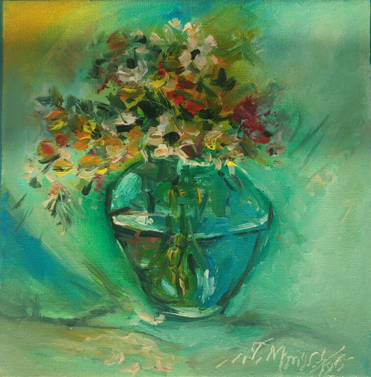 Buchet de flori într-o vază de sticlă, pictură în ulei pe pânză Buchet alb, roșu și galben într-o vază de sticlă transparentă, pe fundal verde-turcoaz, natură statică în ulei pe pânză, 20 x 20 cm