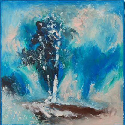 Copac întunecat cu trunchi alb într-un vârtej de albastru, turcoaz și roz, pictură în ulei pe pânză, 20 x 20 cm