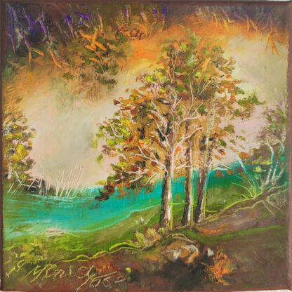 Copaci cu frunze aurii și trunchiuri albe pe malul unei ape turcoaz, pictură în ulei pe pânză, 20 x 20 cm