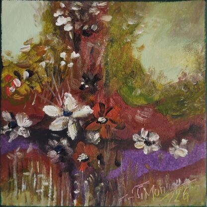 Flori albe și roșii de câmp pe fundal de toamnă în roșu, verde și mov, pictură în ulei pe pânză, 20 x 20 cm