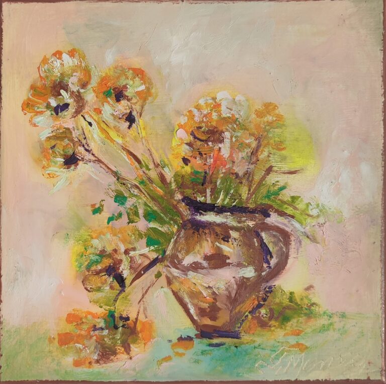 Flori galbene în ulcior de lut, pictură în ulei pe pânză Flori galbene și portocalii într-un ulcior de lut pe fundal roz pal, pictură în ulei pe pânză, 20 x 20 cm