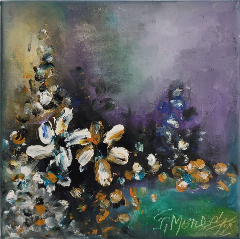 Margarete în ceață violetă, pictură în ulei pe pânză Margarete albe cu miez portocaliu pe un fundal violet și gri, pictură în ulei pe pânză, 20 x 20 cm