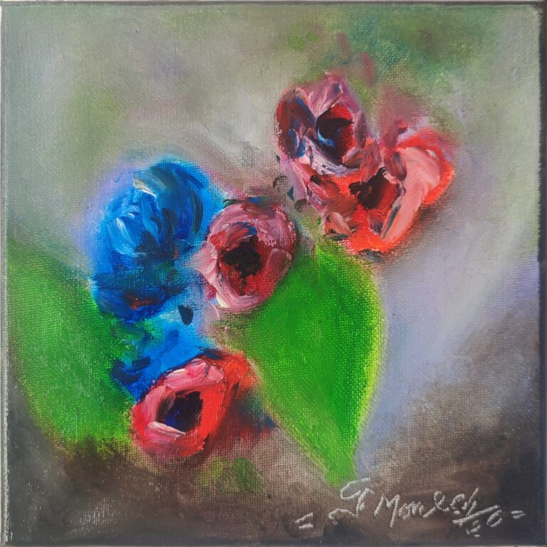 Flori roz, roșii și albastre pe o frunză verde, fundal gri, pictură în ulei pe pânză, 20 x 20 cm