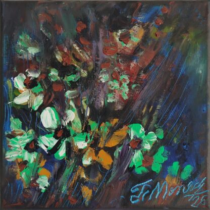 Flori albe cu verde mentă pe fundal întunecat arămiu și violet, pictură în ulei pe pânză, 20 x 20 cm