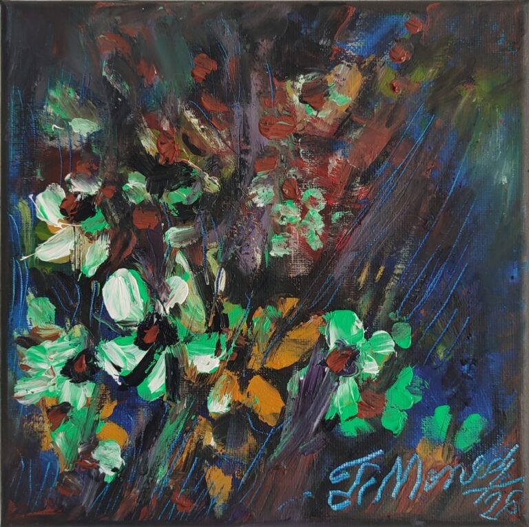 Flori verzi în seară arămie, pictură în ulei pe pânză Flori albe cu verde mentă pe fundal întunecat arămiu și violet, pictură în ulei pe pânză, 20 x 20 cm