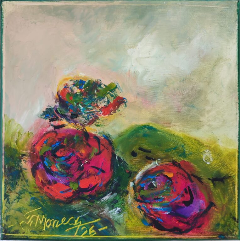 Maci roșii într-o poiană verde, pictură în ulei pe pânză Trei maci roșii cu miez colorat pe fundal de poiană verde, pictură în ulei pe pânză, 20 x 20 cm