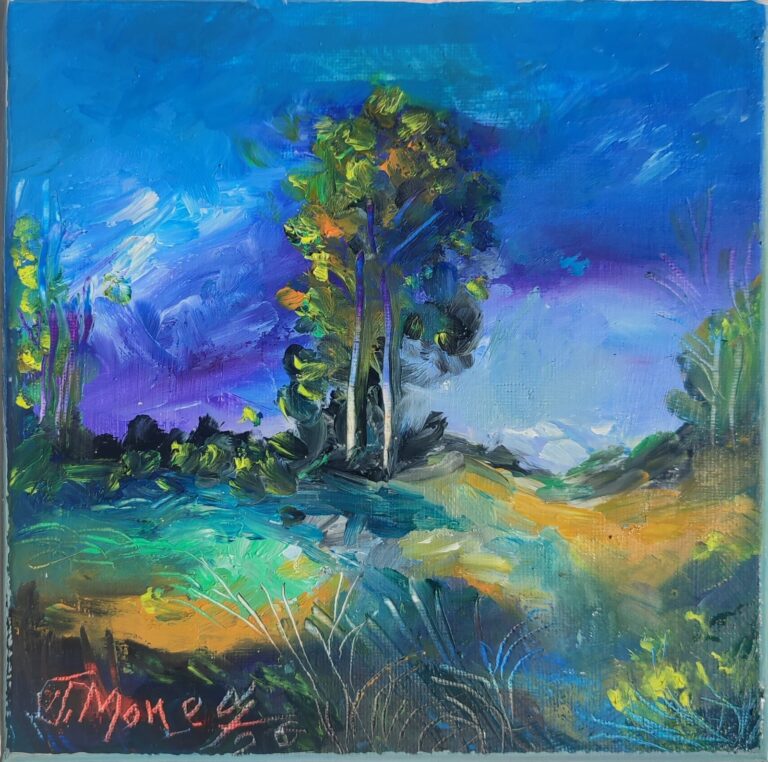 Copac pe fundal de cer albastru și violet, cu câmp galben dedesubt, pictură în ulei pe pânză, 20 x 20 cm