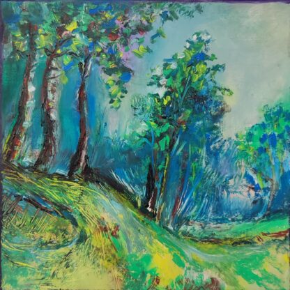 Potecă verde printre copaci cu trunchiuri roșcate și frunziș turcoaz, pictură în ulei pe pânză, 20 x 20 cm